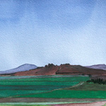 Valley view from road south of Horse Mountain, looking west over green fields of the lower Klamath Basin toward the Peninsula, Petroglyph Point, Lava Beds, and Mount Shasta